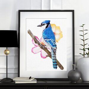 8x10 Blue Jay Bird Watercolor Oil Painting Art‎ Print
